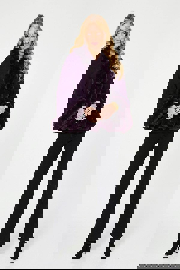 Purple | Faux Fur Trim Batwing Poncho
