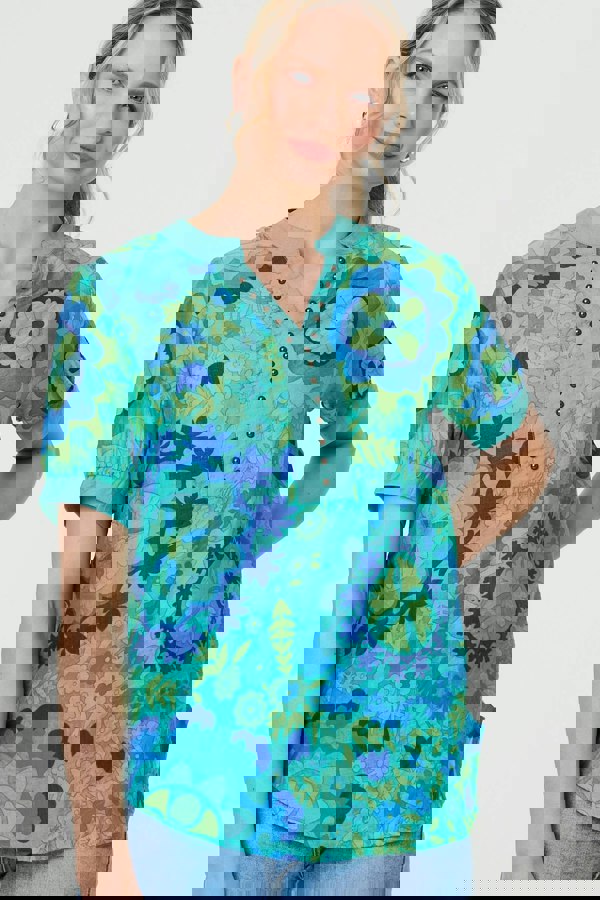 Green | Floral Stud Detail Short Sleeve Blouse
