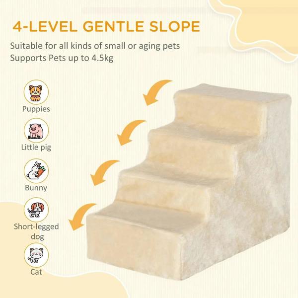 Beige four-step pet stairs with gentle slope steps and plush-covered treads