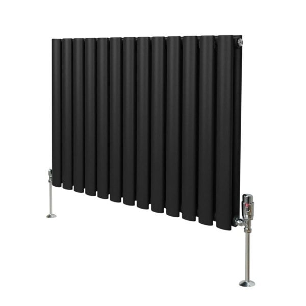 Sleek black oval column radiator with vertical panels, measuring 600mm x 780mm, featuring modern valves and a polished finish