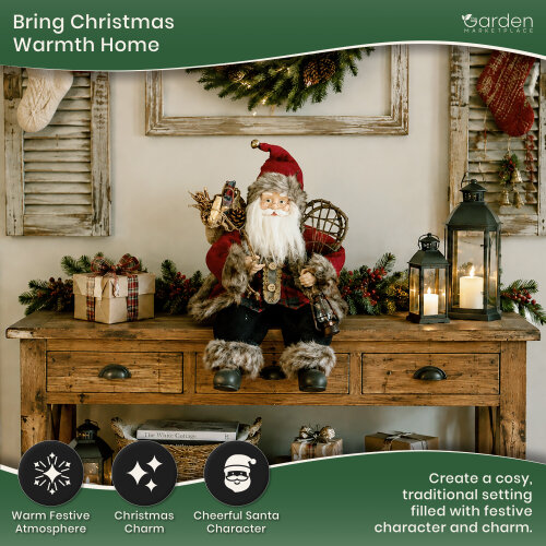 45cm Sitting Father Christmas Figure with Presents Sack, Snowshoes & Lantern, Rustic Fabric Santa Decoration for Mantels & Shelves