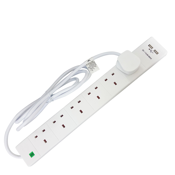 Axiom 6 Gang Extension Lead with 2 USB sockets and 2m cable.