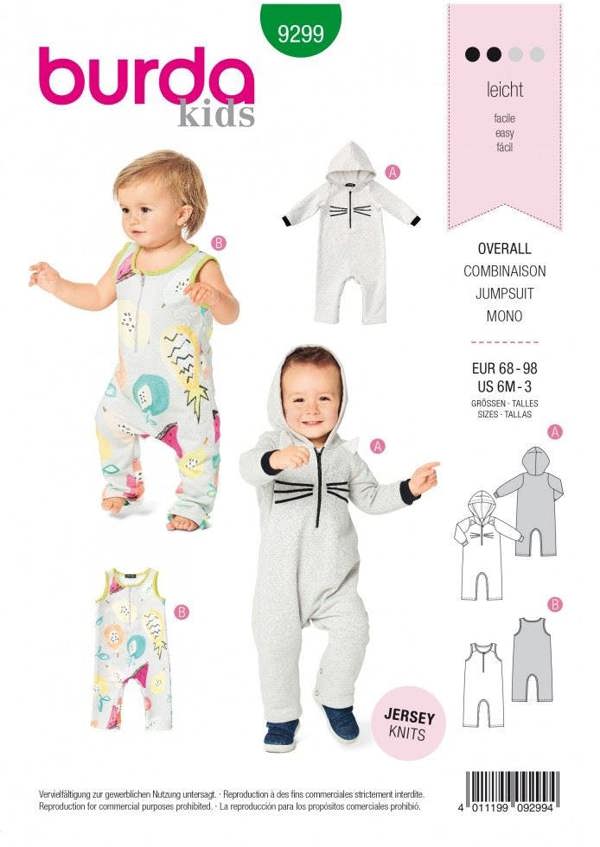 Burda Sewing Pattern 9299 Onesies For Kids, 68cm- 98cm - Easy