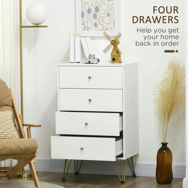 White tall dresser cabinet with four drawers, gold knobs, and hairpin-style legs.