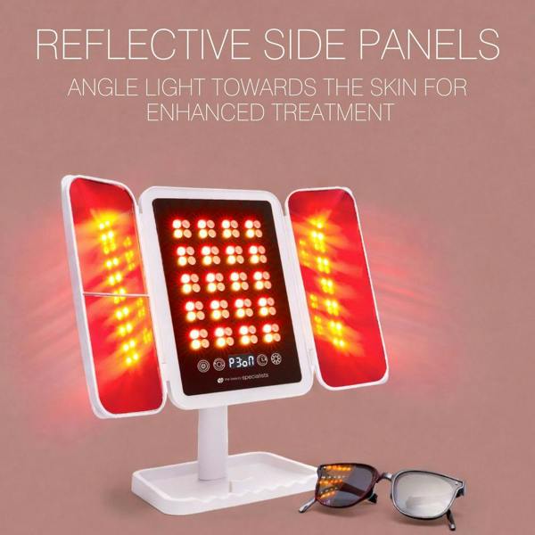 The Rio Radiance Light Therapy Panel features three illuminated panels and comes with sunglasses. Reflective side panels angle light towards your skin for enhanced LED therapy and radiant results.