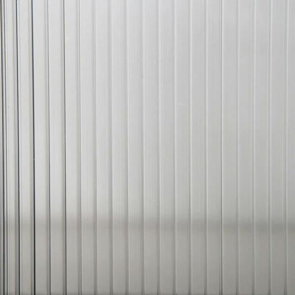 Clear polycarbonate greenhouse panel in grey wooden frame