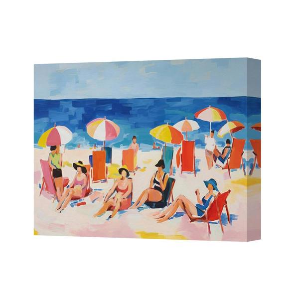 Benjamin Tate Design Ocean Front Beach Canvas Painting With Colorful Umbrellas And Sunbathers