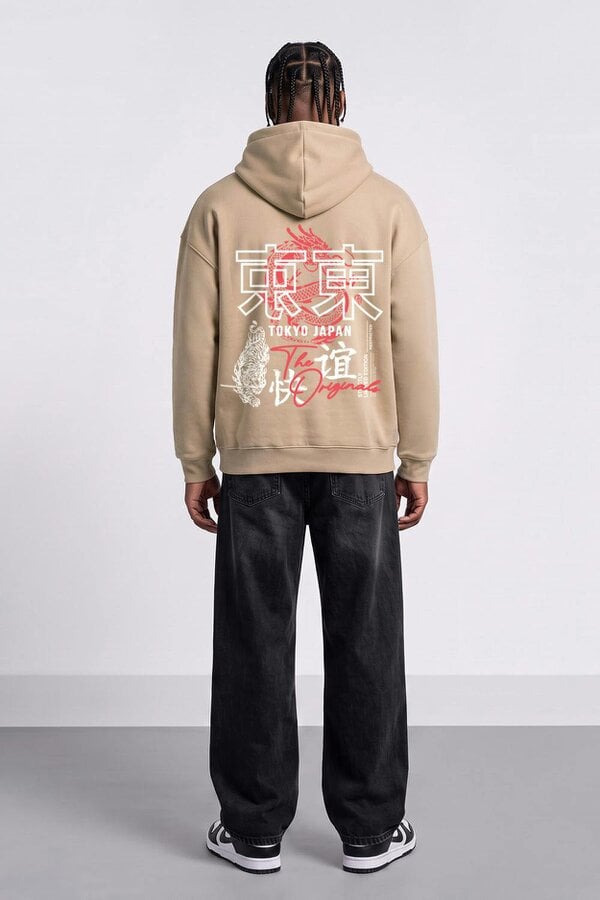 London Attitude Relaxed Fit Tokyo Japan Graphic Hoodie - Nude