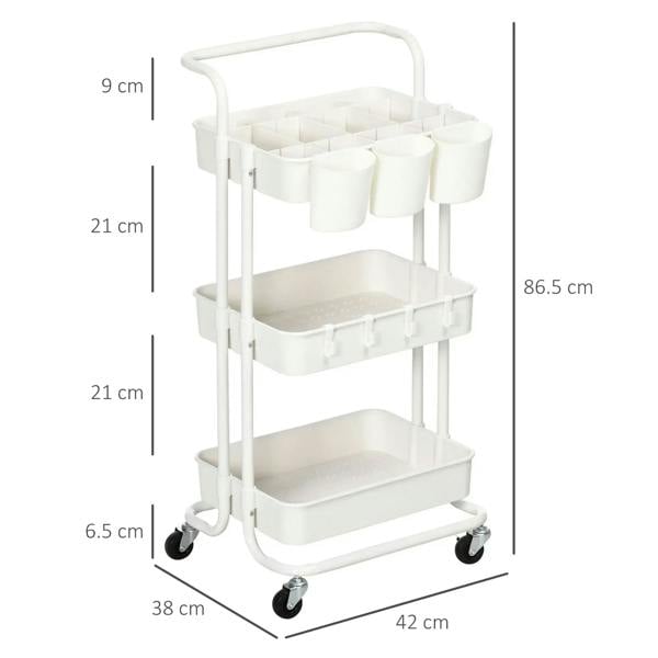 White three-tier rolling trolley with curved handle and caster wheels, size layout