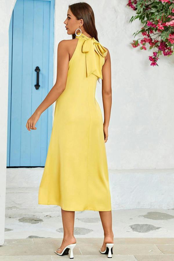 FS Collection Satin Halter Neck Tie Back Midi Dress In Yellow