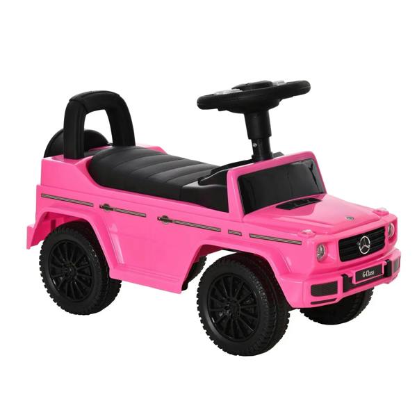 Pink kids ride-on push car with black seat and steering handle, no power.