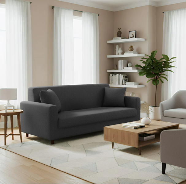 Anyseat 3 Seater Sofa Cover Plain Dark Grey Style and Protection For Living Room Sofa Chair Elastic Stretchable Slipcover