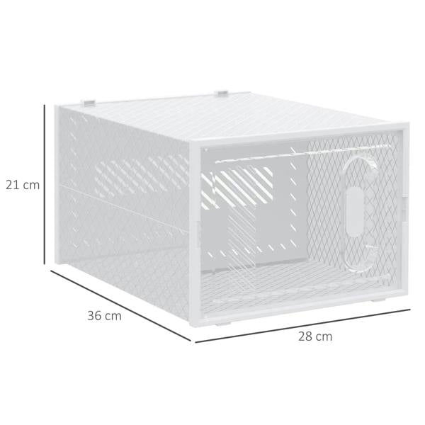 Clear plastic shoe storage box with transparent front door and open compartment