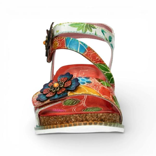 Laura Vita Bonito 32 - Women's Orange Floral Leather Wedge Sandals