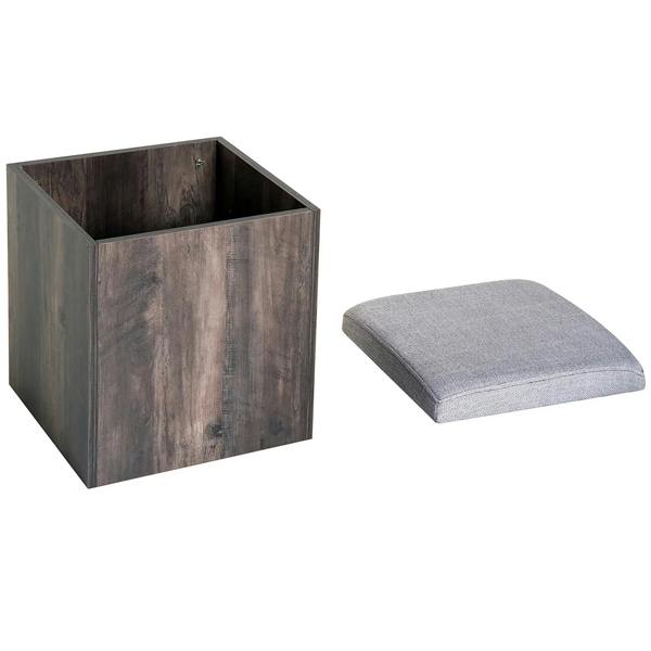 Grey wood-grain storage stool with removable grey seat cushion