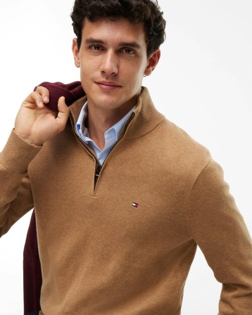 Tommy Hilfiger Organic Cotton Cashmere Mens Zip-Mock Sweater - Safari Canvas Heather
