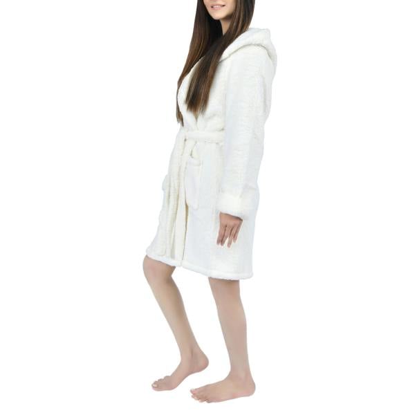 Smart Living Women's Faux Fur Fleece Hooded Bathrobe- Cream