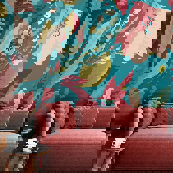 Origin Murals Flowing Flowers - Teal Blue and Coral
