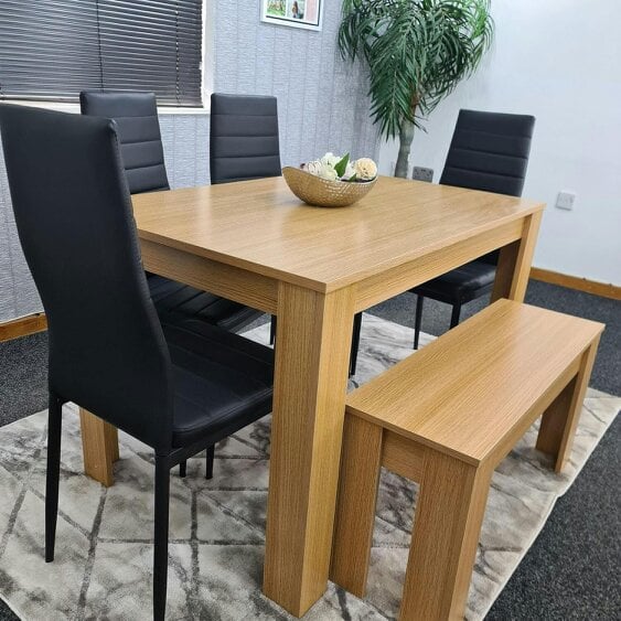 KOSY KOALA 6 Seater Modern Light Wood Effect Dining Table Set with 4 Chairs and Bench Black Metal Legs H75 x L140 x W80 cm