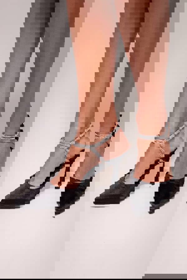 Diamante Embellished Satin Slingback Court Heels - Black Satin SH14