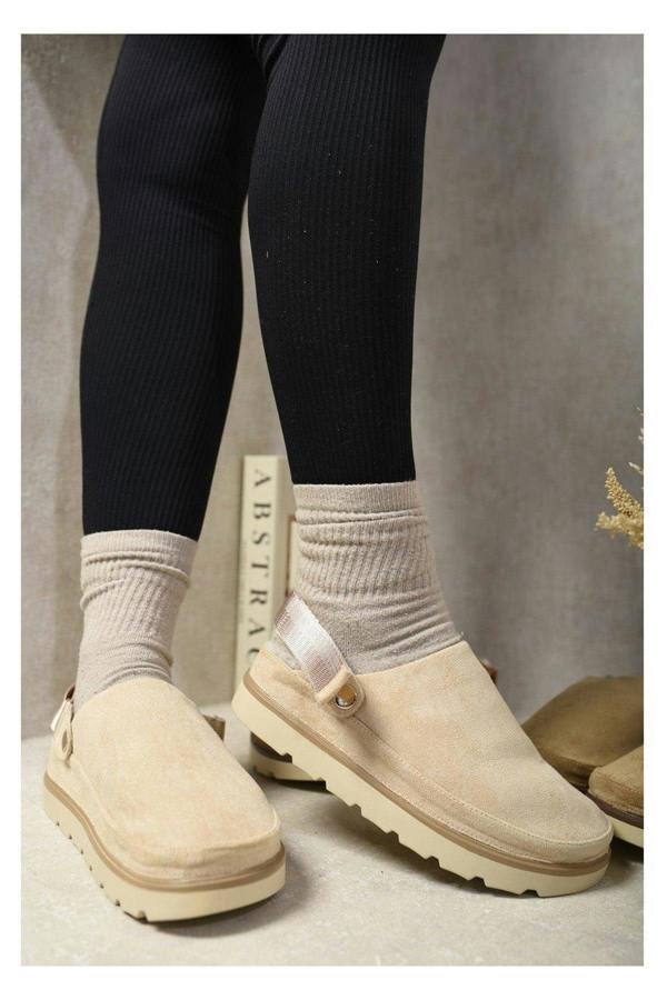 Delilah Faux Fur Slingback Closed Toe Clogs - Beige