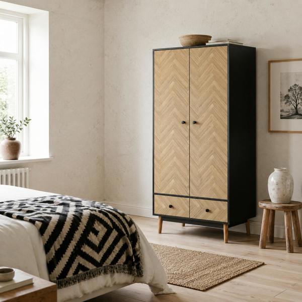 Wyld Haus Belavyn Black and Natural Chevron Wardrobe With Hanging Rod Top Shelves And 2 Drawers