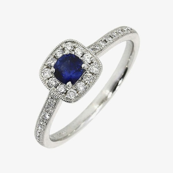 T. H. Baker 18ct White Gold Brilliant Cut Diamond & Sapphire Shoulder Set Halo Ring 24995