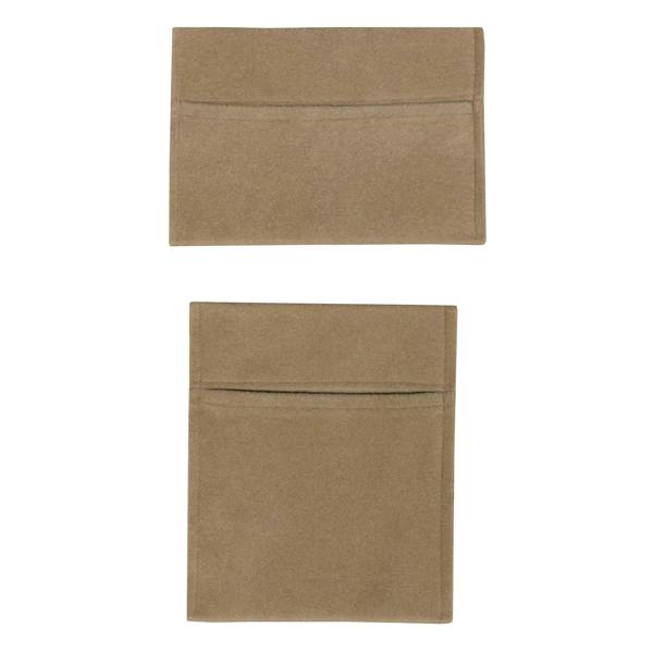 Beige storage pouches made from soft fabric, featuring a sleek design with front pockets for easy organization and access