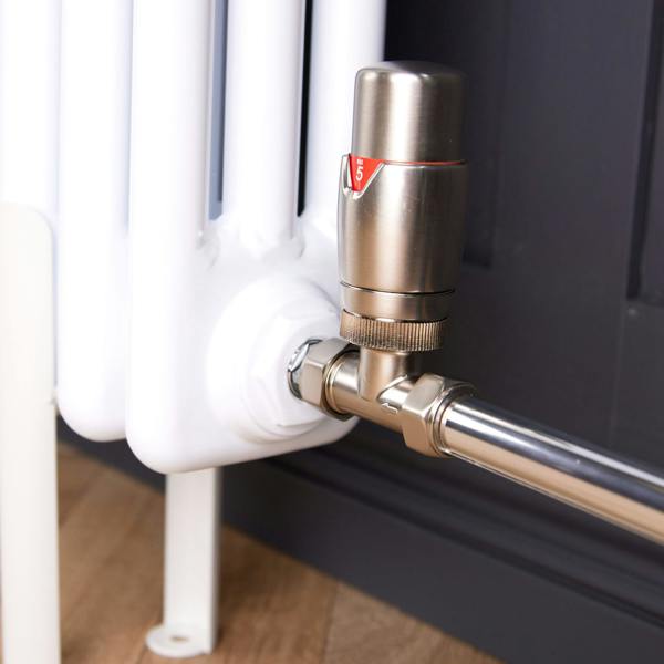 Flode Straight Round Thermostatic Radiator Valve Pack | 15mm x 1/2" | Brushed Steel
