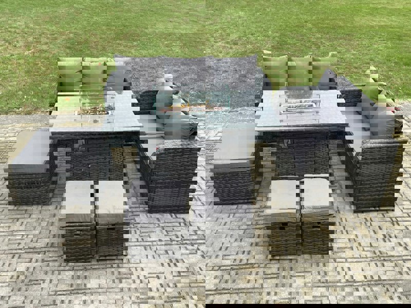 Fimous Garden Patio Furniture Wicker Rattan Gas Fire Pit Table and Sofa Chair set with 3 Footstools Dark Grey Mixed