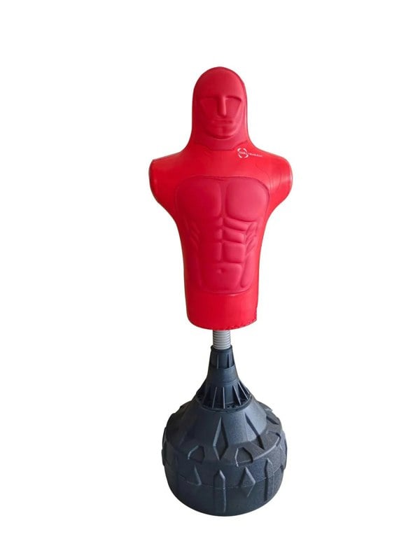 Free-standing medium boxing dummy with a red, muscular torso and a sturdy black base, ideal for training and practice sessions