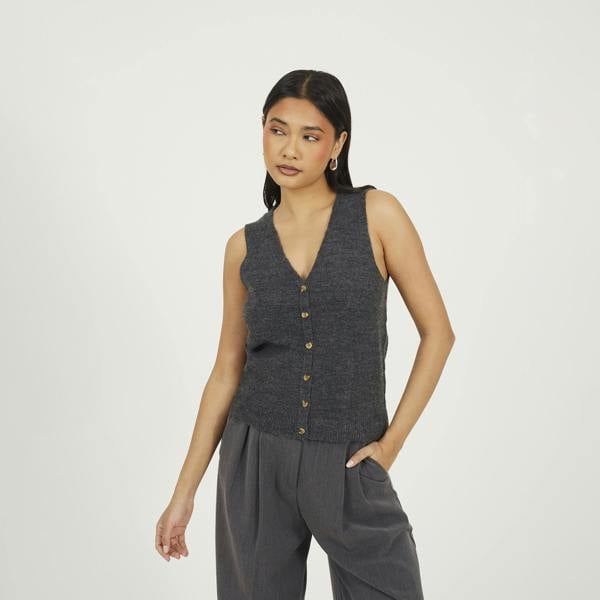 Brave Soul Charcoal Mossy Yarn V-Neck Knitted Waistcoat - Charcoal Image 1