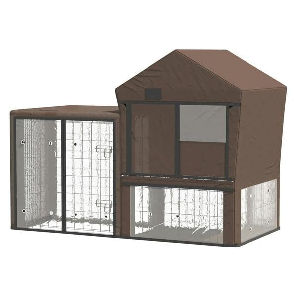 Brown pet cage cover with roof, zippered front door, and clear side window panels