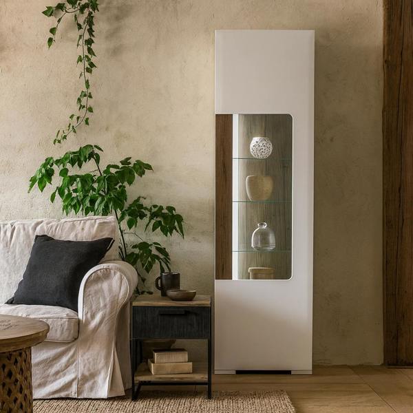 Wyld Haus Porto Tall Gloss White Display Cabinet Oak Detail 1 Door and 4 Shelves with Light