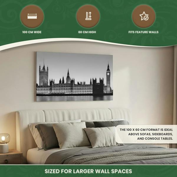 Big Ben LED Canvas Wall Art – London Parliament Print with 15 Lights, Stretched Wooden Frame, 100 × 60 cm
