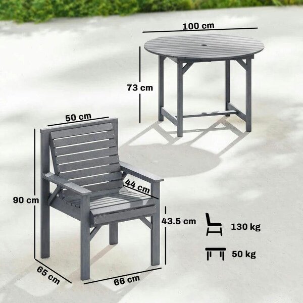 5 Pieces Garden Dining Set with Parasol Hole, Round Outdoor Table and Chairs, 4 Seater Wooden Garden Furniture, Grey