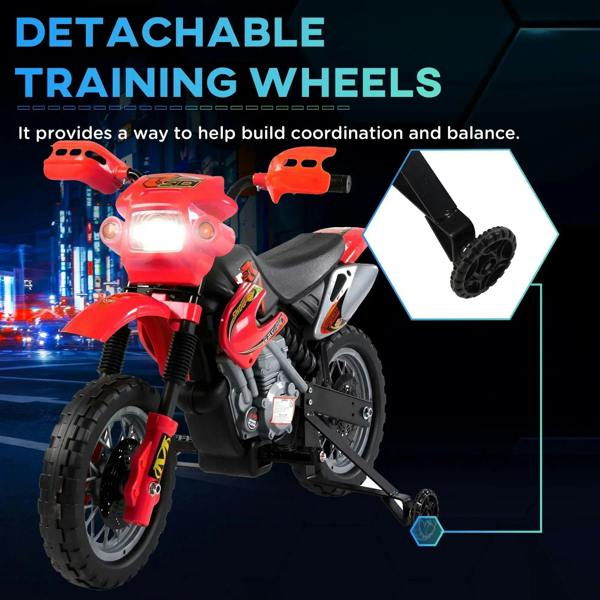 Red kids electric ride-on motorbike with detachable training wheels and black seat