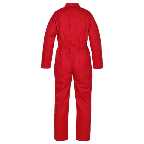 Back view of childrens boiler suit in red by Castle Clothing showing full body protection for outdoor work