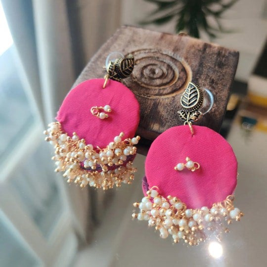 The Colourful Aura Pink Handmade Round Fabric Boho Poth White Pearl Asian Jhumka Drop Earrings