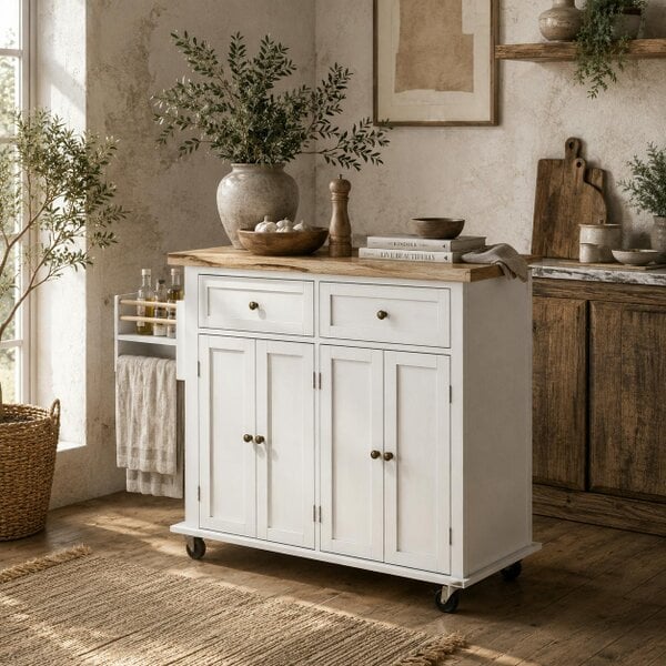 Wyld Haus Viratto Natural and White Wooden Rolling Kitchen Island With Drawers And Storage