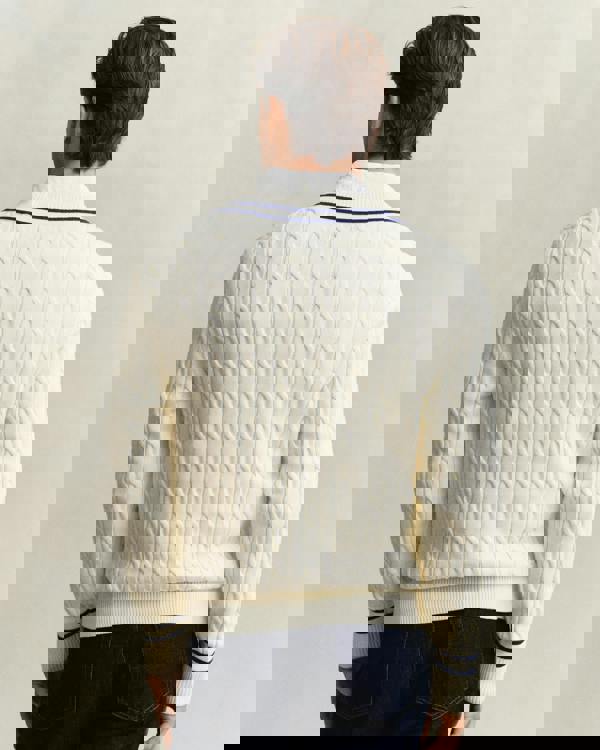 GANT Mens Cotton Cable V-Neck Jumper - 130 Cream