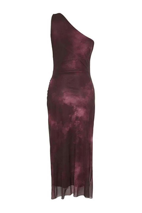 WOVCOR One-Sleeve Tulle Stretch Knit Midi Pencil Dress with Accessory Details