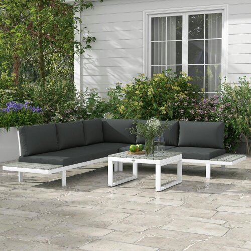Wyld Haus Vayo Metal White Frame 5 Seater Reclining Corner Garden Sofa Set With Wood Effect Table And Grey Cushions