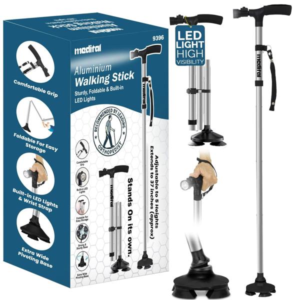 MEDITAL Folding Walking Stick with LED Light 84.5 - 94.5cm Adjustable Walking Cane - Foldable Walking Stick with Extra Wide Pivoting Base