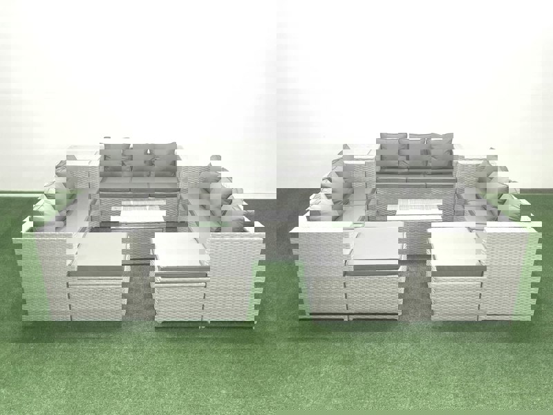 Fimous Rattan Garden Outdoor Furniture Set 11 Seater Garden Sofa Coffee Table Set with 2 Big Footstools Side Table Light Grey Mixed