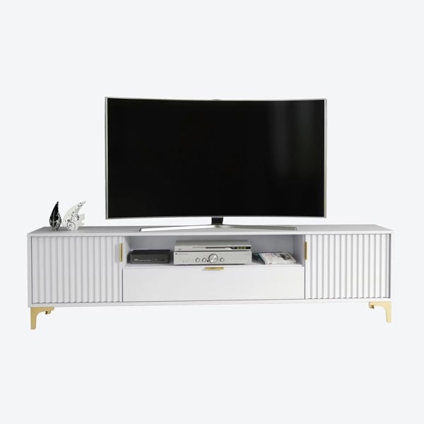 Mex Furniture Luxurious White TV Stand with Fluted Doors & Gold Accents – 200cm Media Console