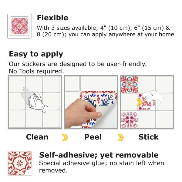 WT1518 - Moroccan Rose Red Mosaic Tile Sticker - 15 cm x 15 cm - 24 pcs