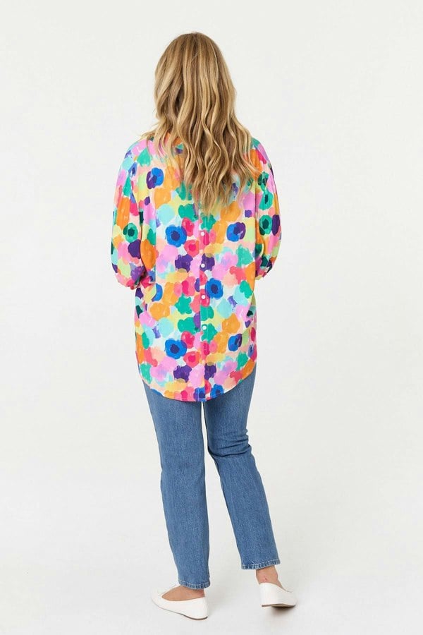 Pink | Abstract 3/4 Sleeve Curve Hem Blouse
