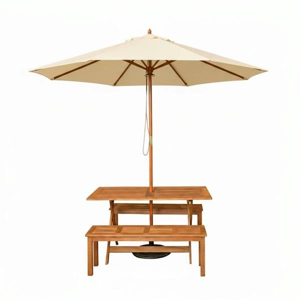 Samuel Alexander Outdoor 4 Person Rectangular Wooden Garden Dining Table, 2 Benches with Cream Parasol and Base Set