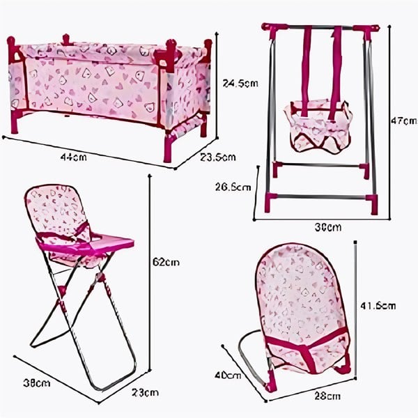 Kids Deluxe 5 -in-1 Baby Doll Pretend Play Set with Cot Bed Bouncer Adjustable Swing Seat and High Chair Accessories